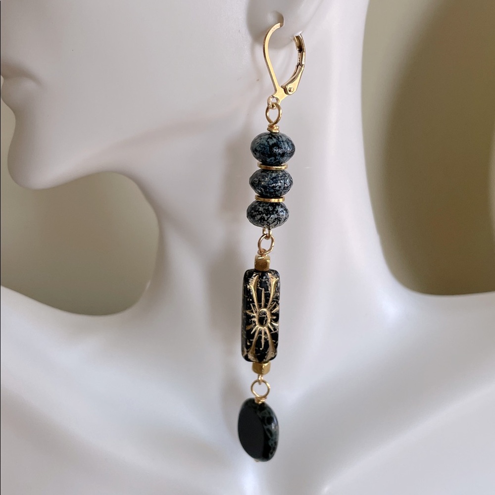 HAND CRAFTED CZECH GLASS EARRINGS Black Gold Long Bohemian Dangles